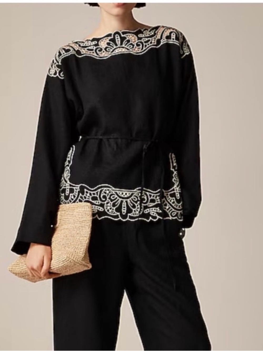 J Crew Black Beige Cutwork tunic top in linen Womens Embroidered boho XXS